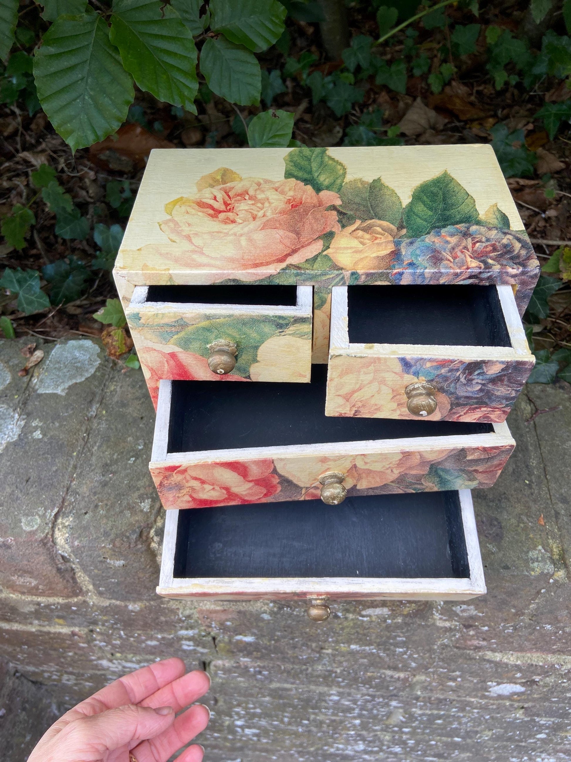 Vintage decoupage jewellery or trinket box, small treasure chest - floral box with 4 drawers