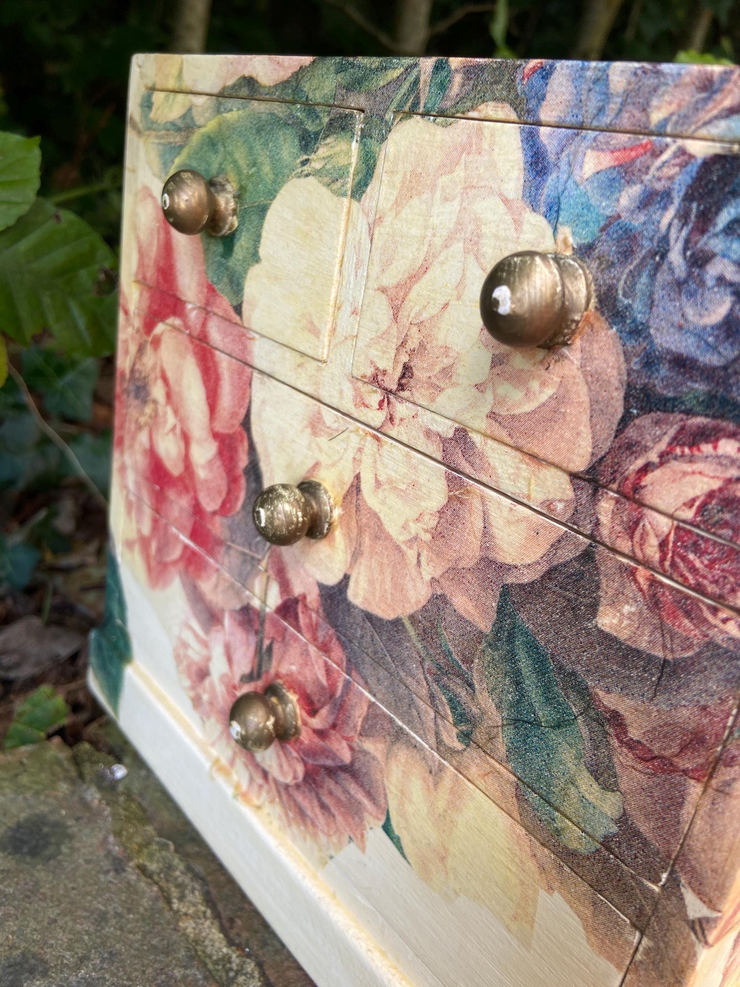 Vintage decoupage jewellery or trinket box, small treasure chest - floral box with 4 drawers