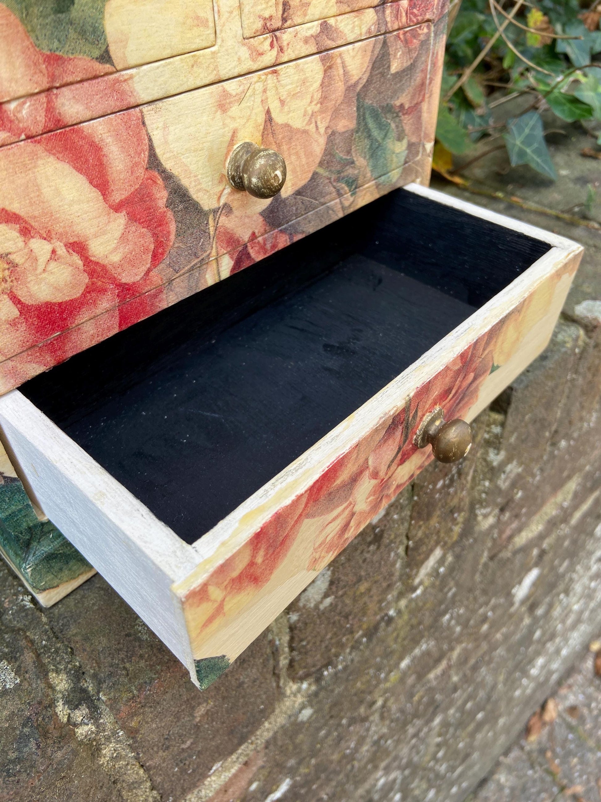 Vintage decoupage jewellery or trinket box, small treasure chest - floral box with 4 drawers