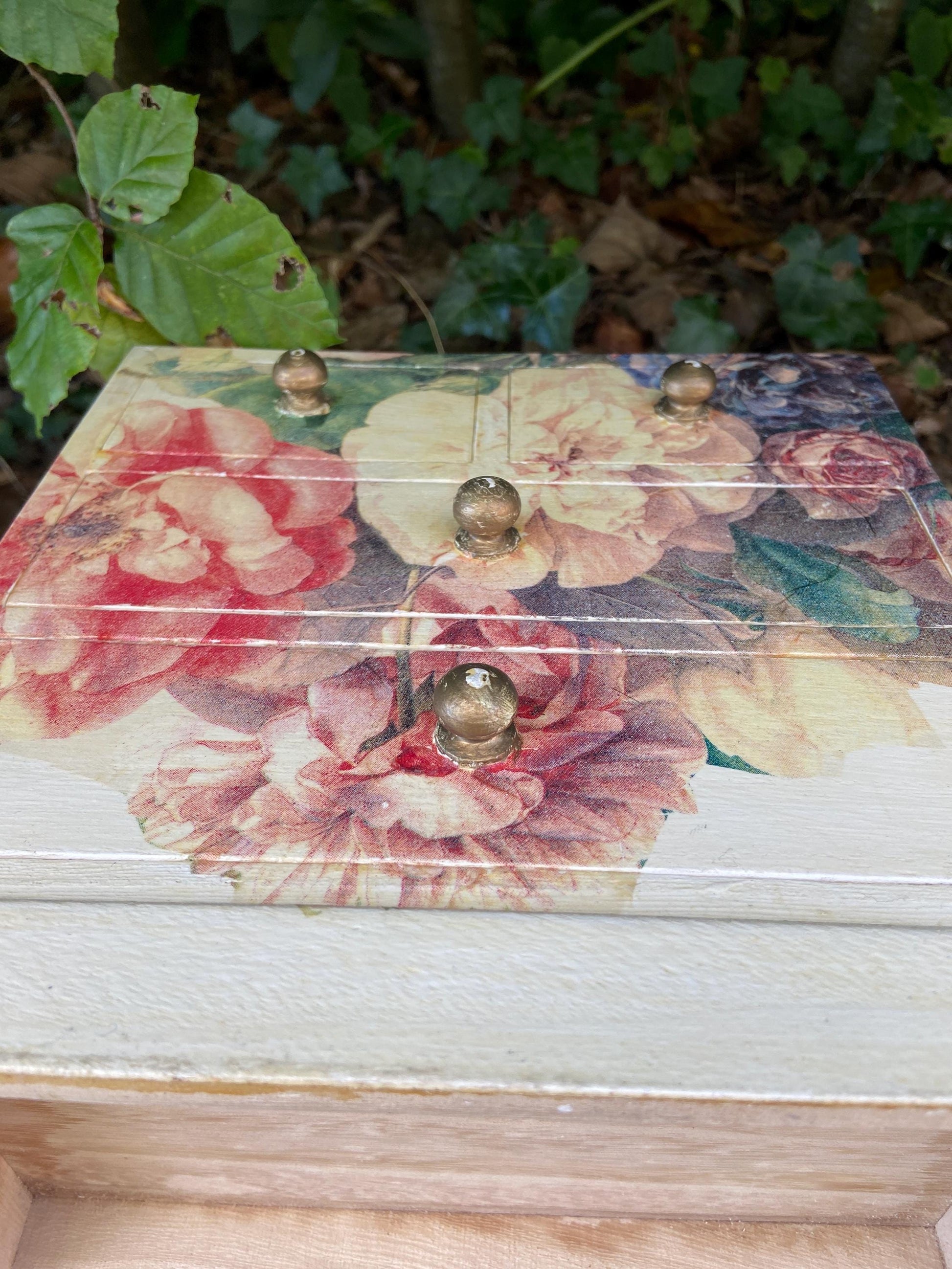 Vintage decoupage jewellery or trinket box, small treasure chest - floral box with 4 drawers