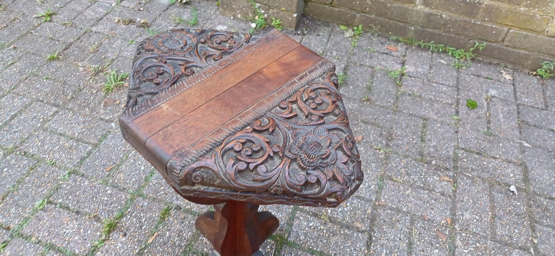 Superbly Deep Carved Vintage Hardwood Stool or Occasional Side Table.