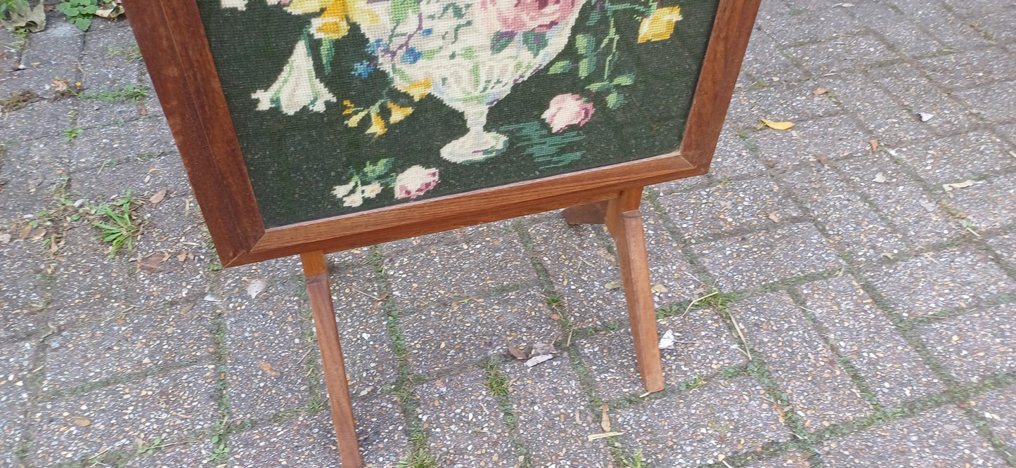 Retro Vintage Mid-Century Folding Fire Screen Guard or Folding Coffee Table with Still Life Tapestry Glazed.