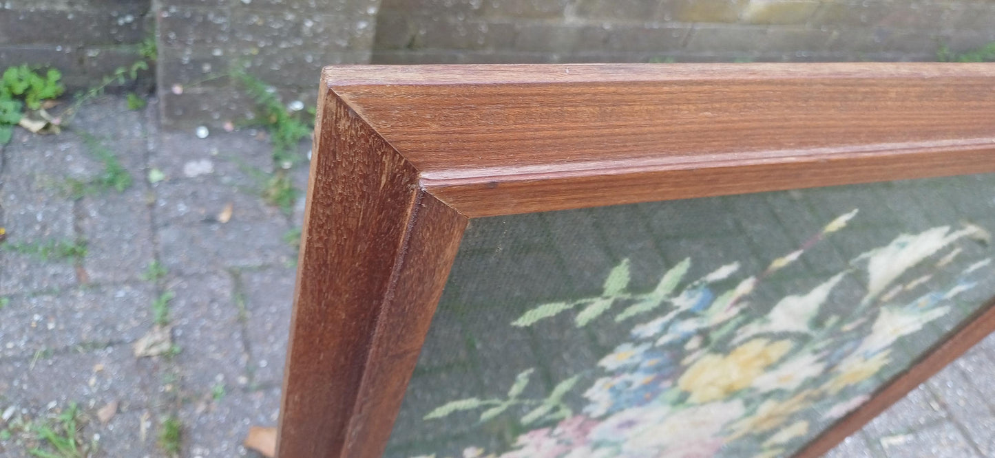 Retro Vintage Mid-Century Folding Fire Screen Guard or Folding Coffee Table with Still Life Tapestry Glazed.