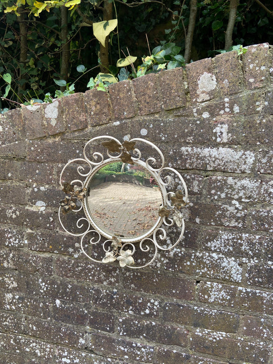 Retro wrought iron painted round mirror with Ivy details