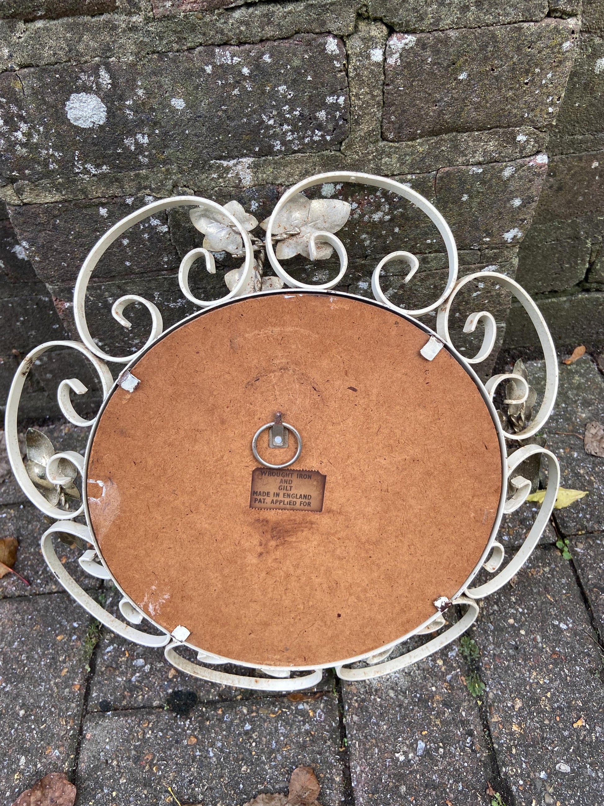Retro wrought iron painted round mirror with Ivy details
