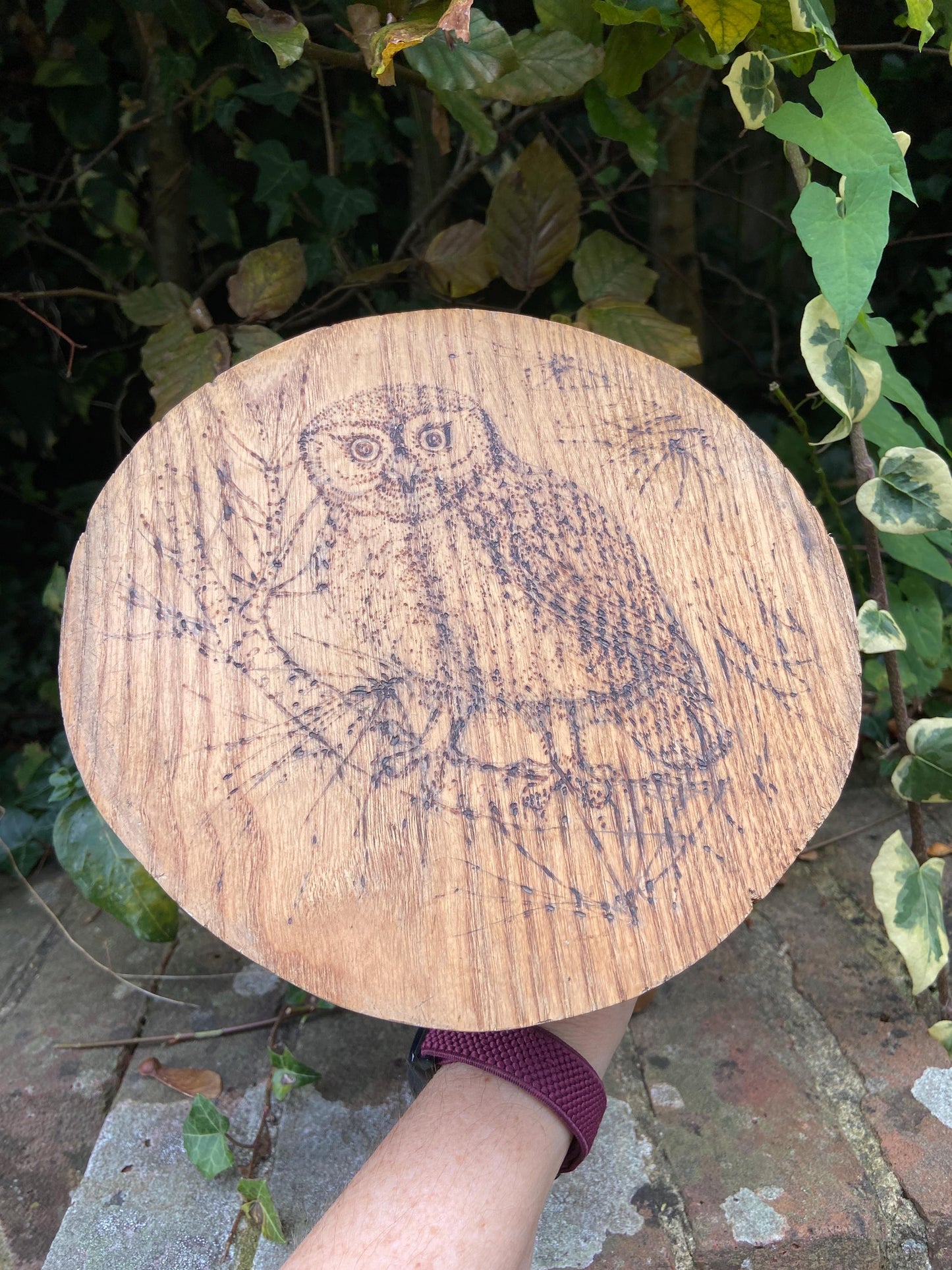 Vintage children’s milking stool with an engraved fairytale woodland owl on it