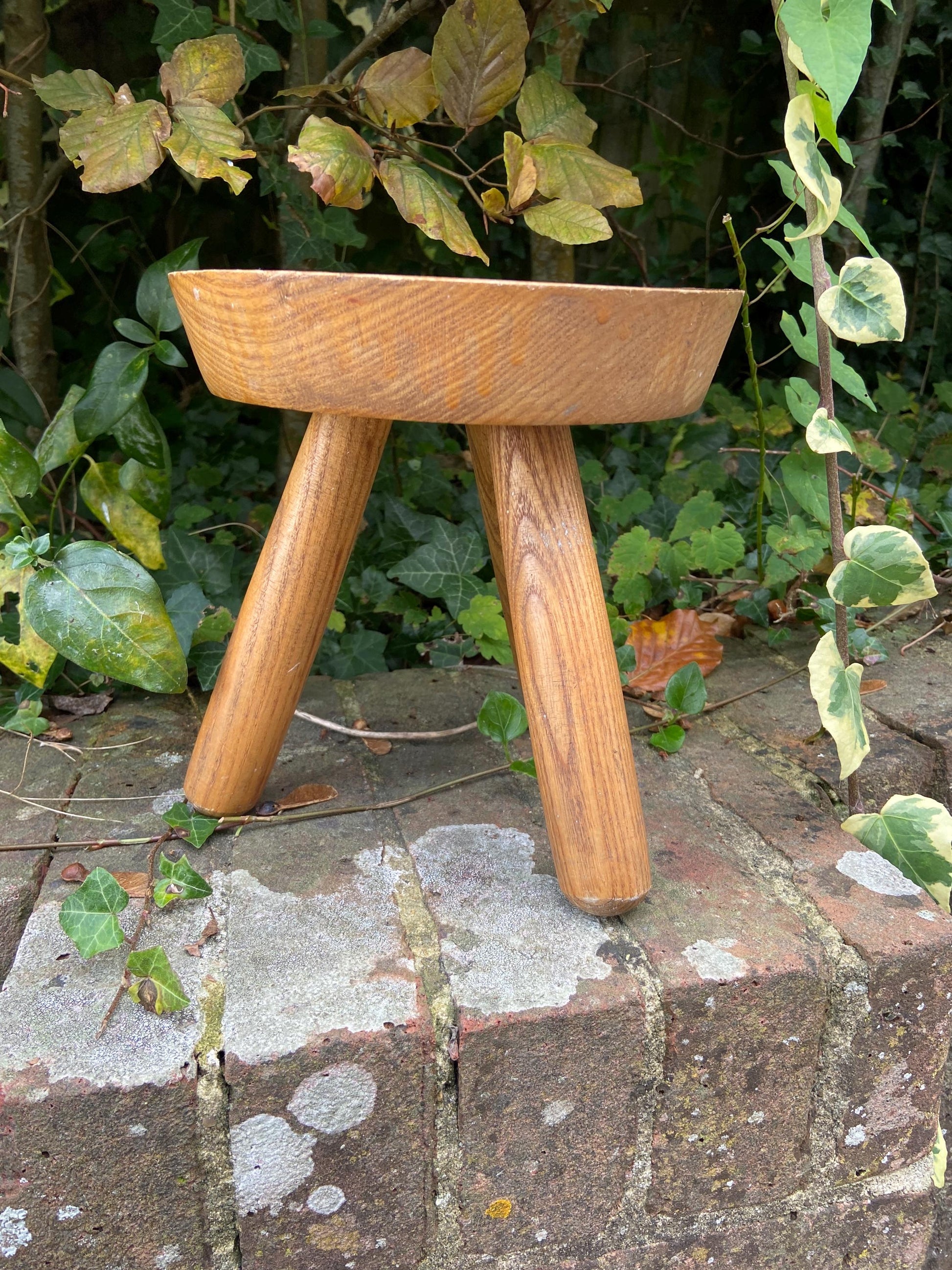 Vintage children’s milking stool with an engraved fairytale woodland owl on it
