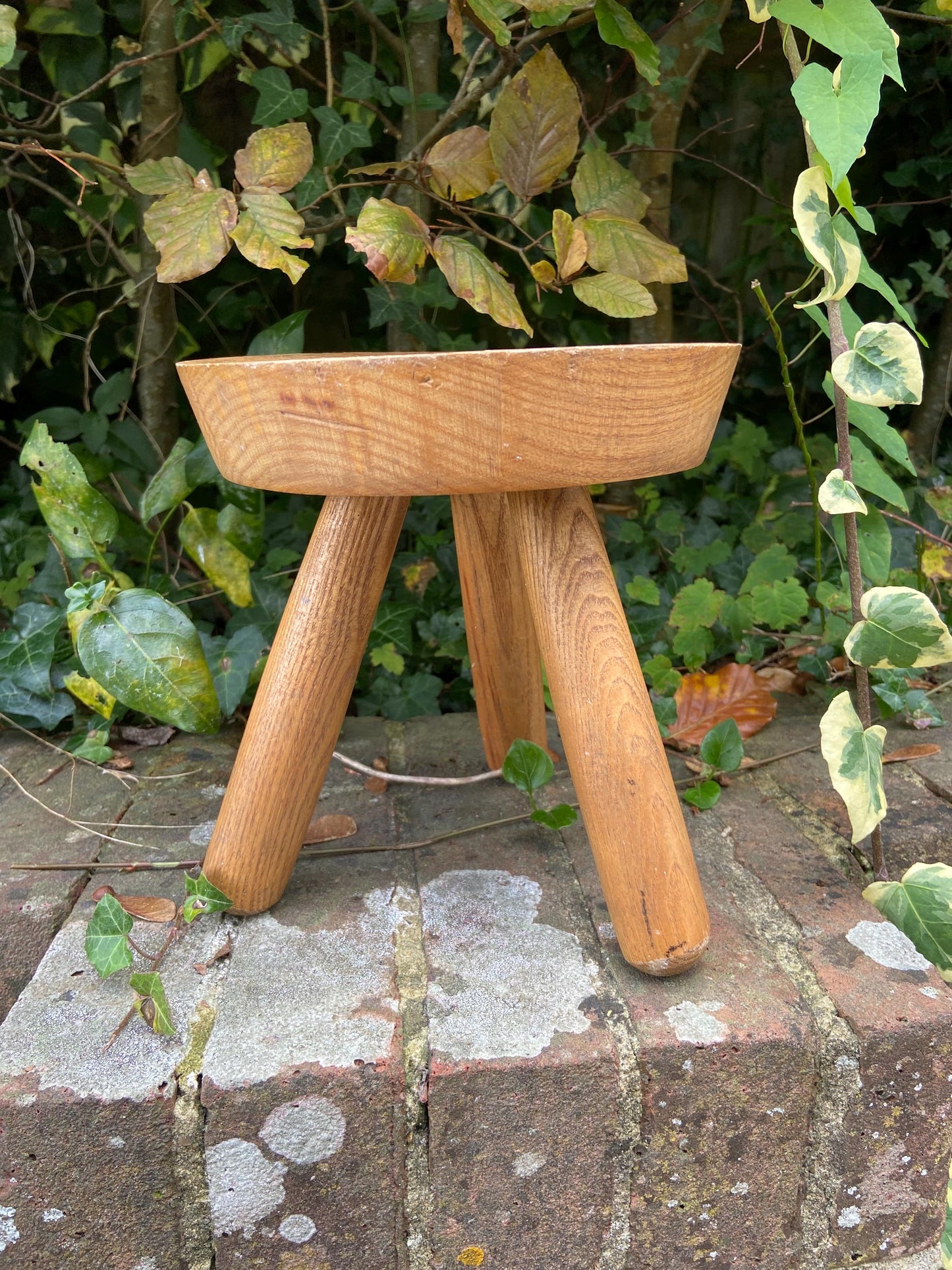 Vintage children’s milking stool with an engraved fairytale woodland owl on it