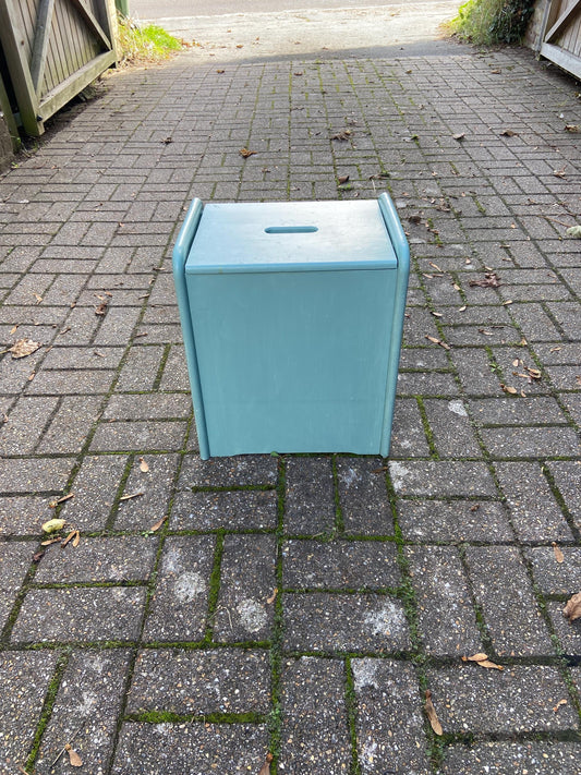 blue wooden box. laundry box. laundry bin. laundry basket. toy box. stool. wooden stool. bathroom stool