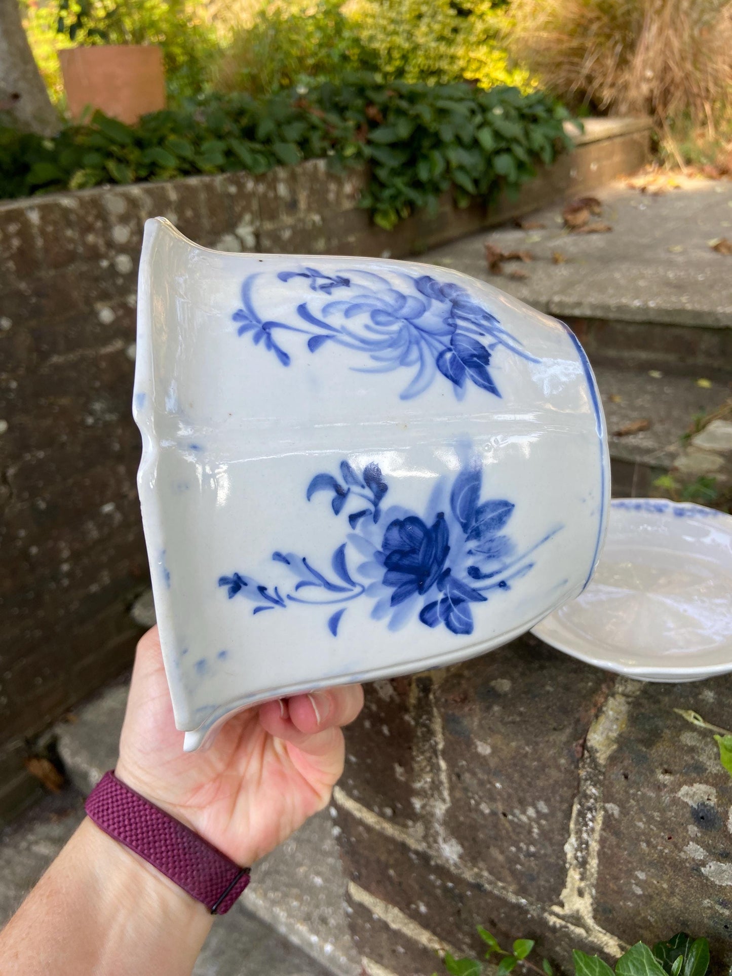 Vintage blue white china planter, hand painted plant pot