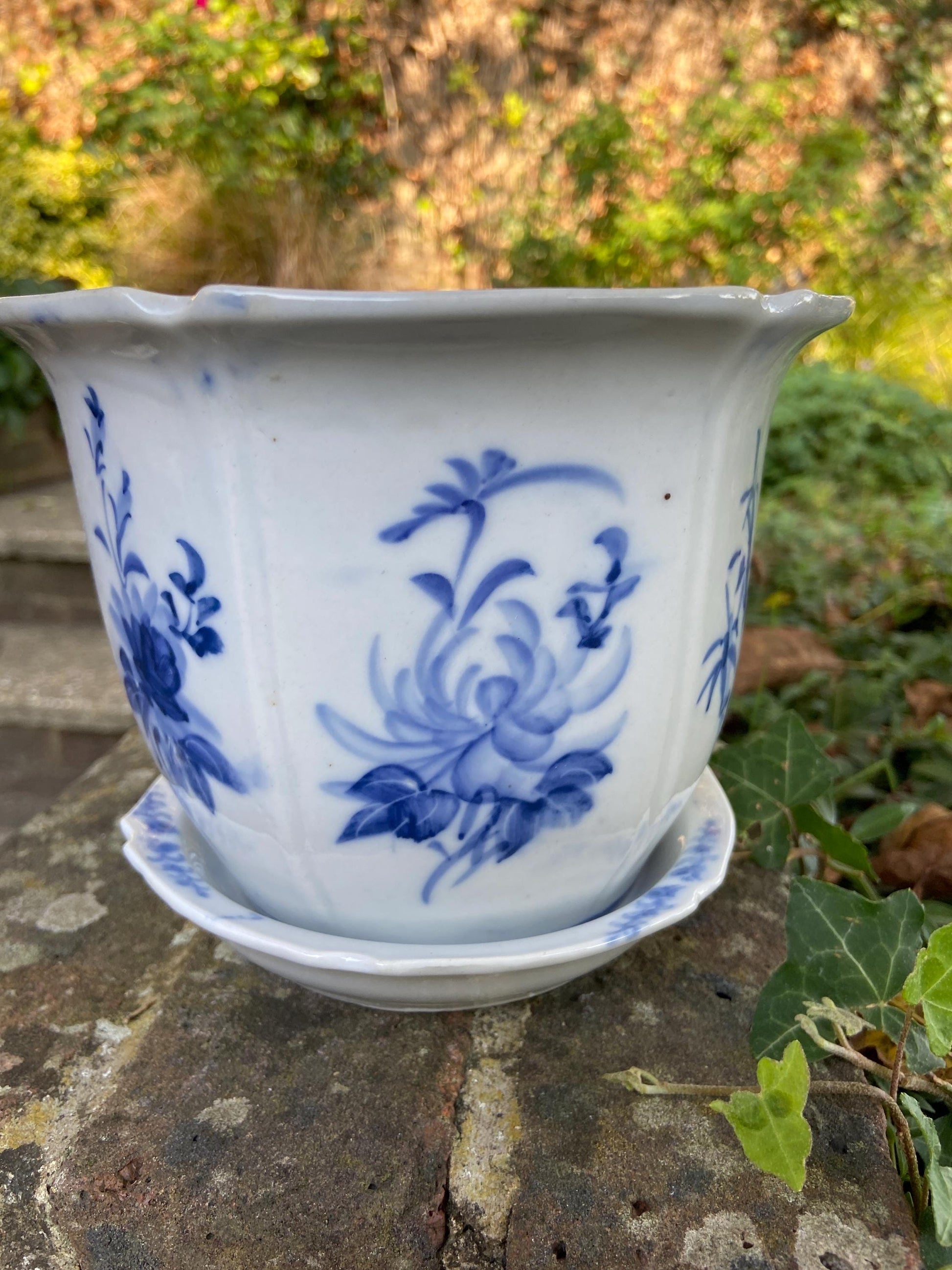Vintage blue white china planter, hand painted plant pot