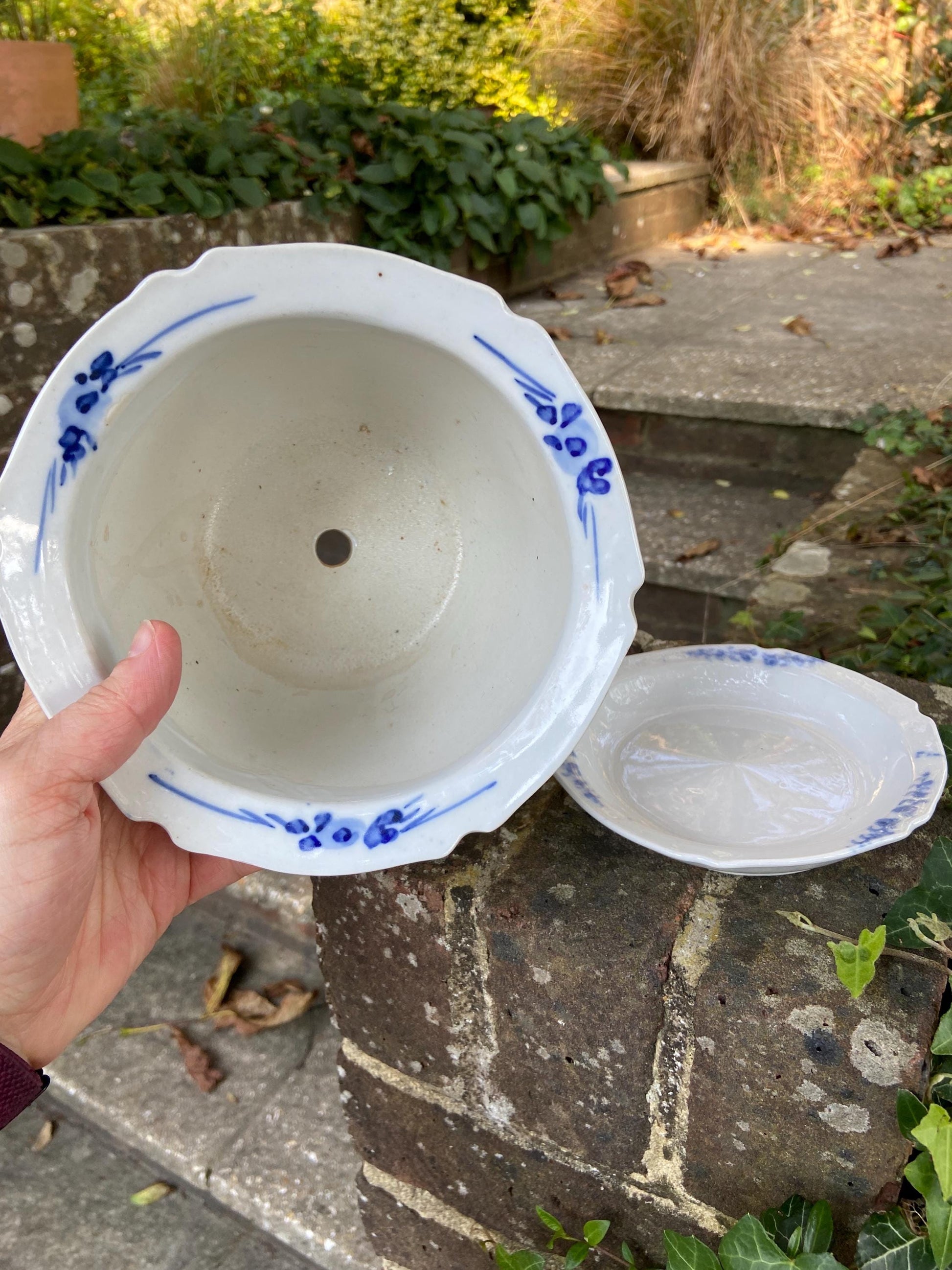 Vintage blue white china planter, hand painted plant pot