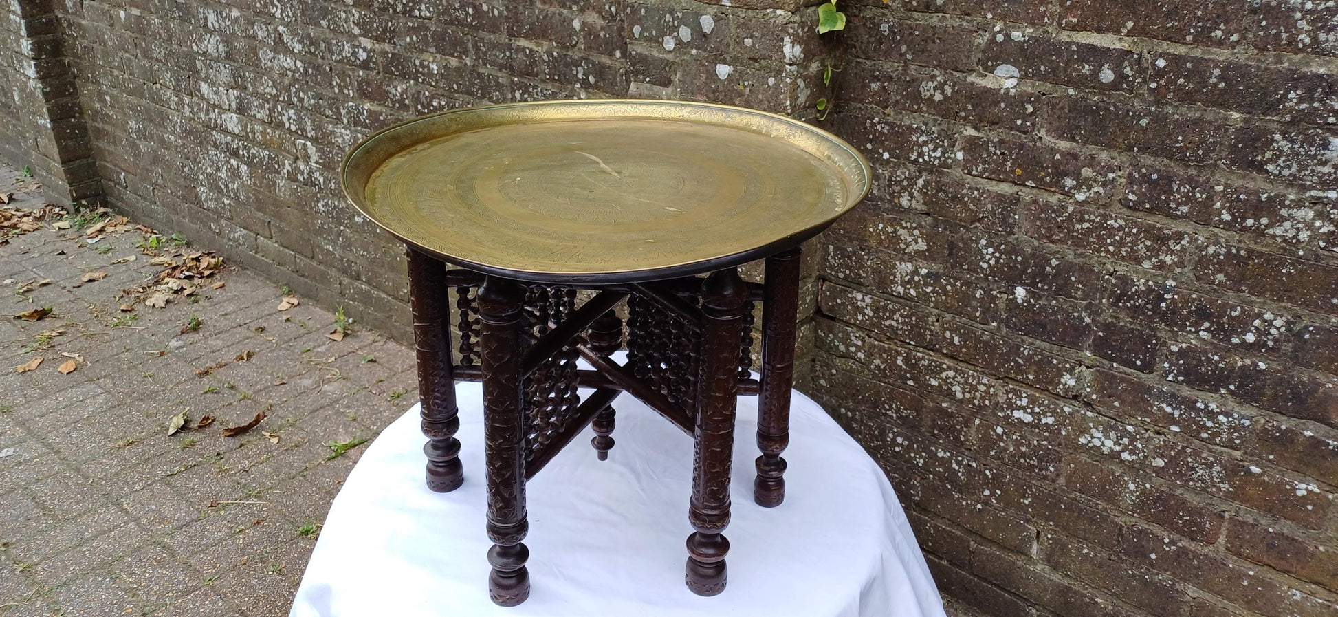 Amazing Wooden Base to this Vintage Benares Brass Coffee or Side Table. Superb Turned Ornate Base.