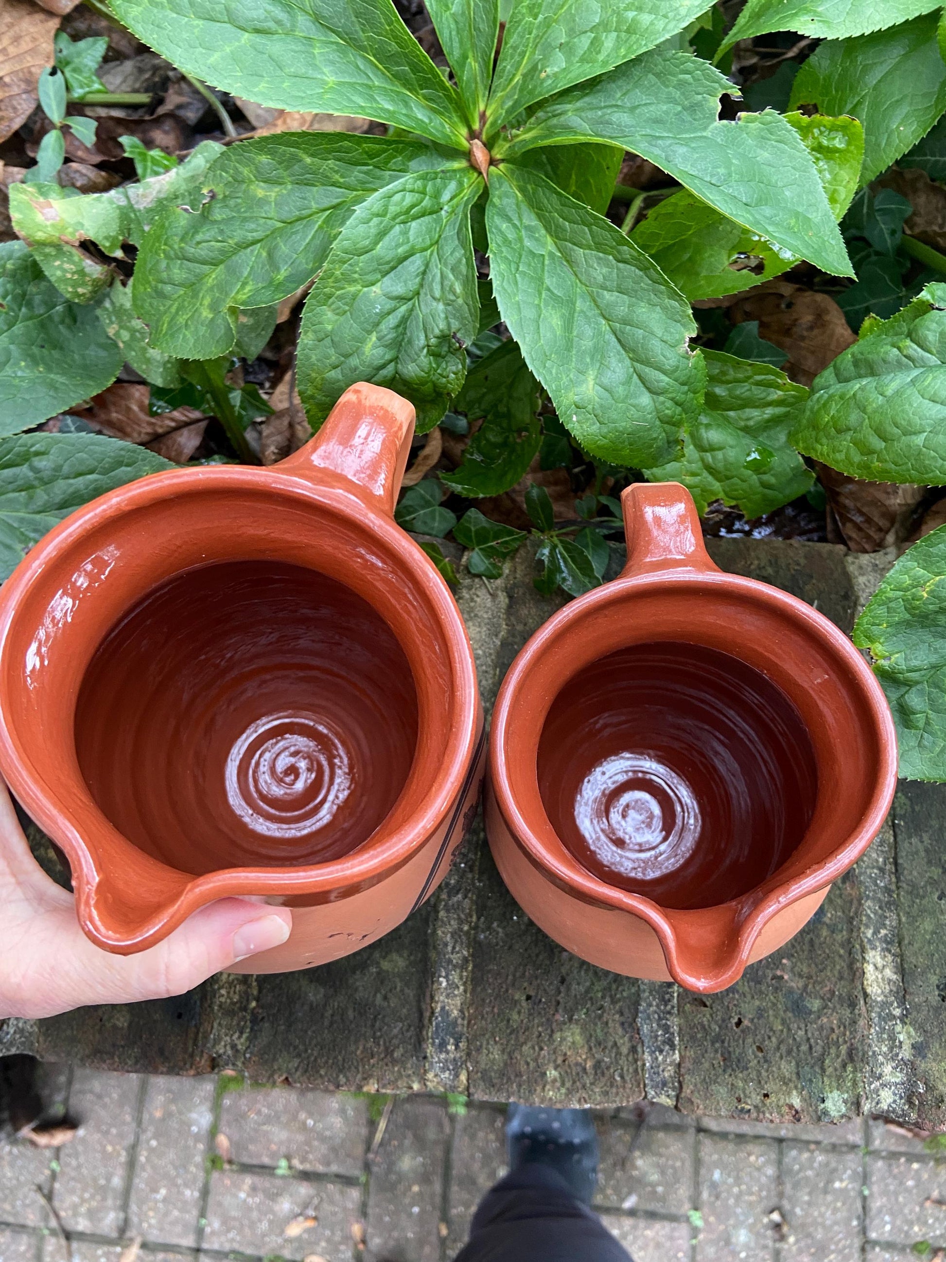 Mrs Brannam’s Devon Terracotta vintage set of two breakfast jugs – one for Fruit Juice and one for Milk. Perfect for a B&B.