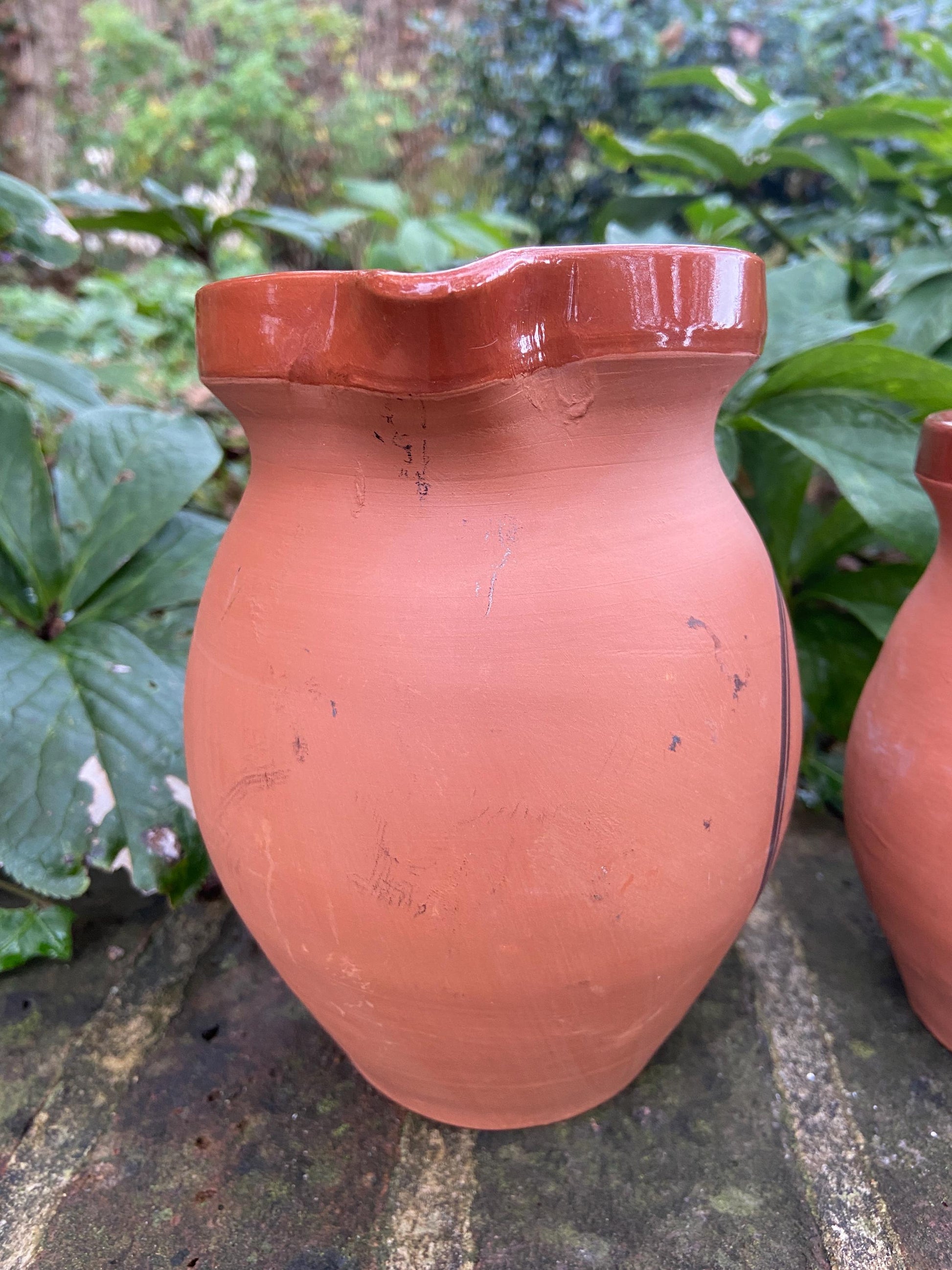 Mrs Brannam’s Devon Terracotta vintage set of two breakfast jugs – one for Fruit Juice and one for Milk. Perfect for a B&B.