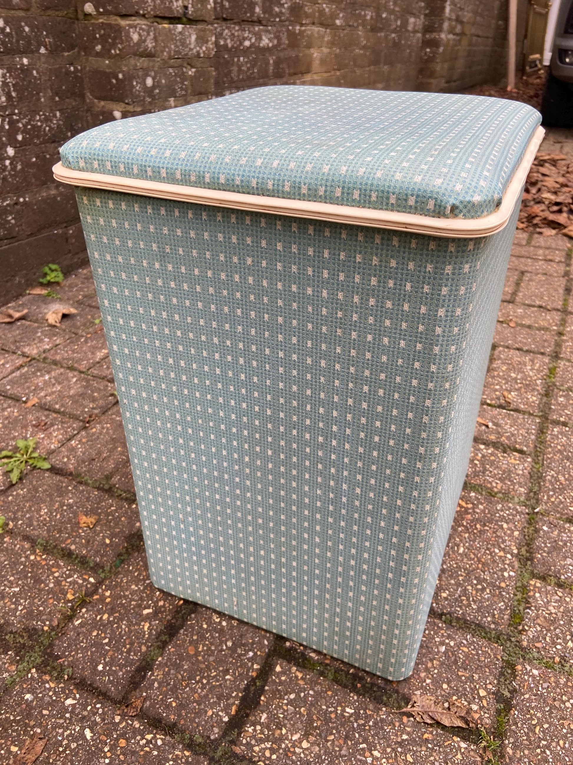 Mid century blue green plastic covered washing basket – fabulous vintage linen box, storage basket, laundry bin, vgc