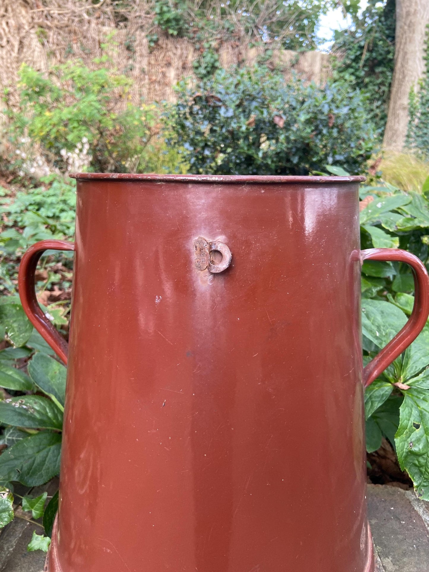 Super large metal vase or planter or bucket or storage stand. Original painted metal container from 1900s - possibly a milk container?