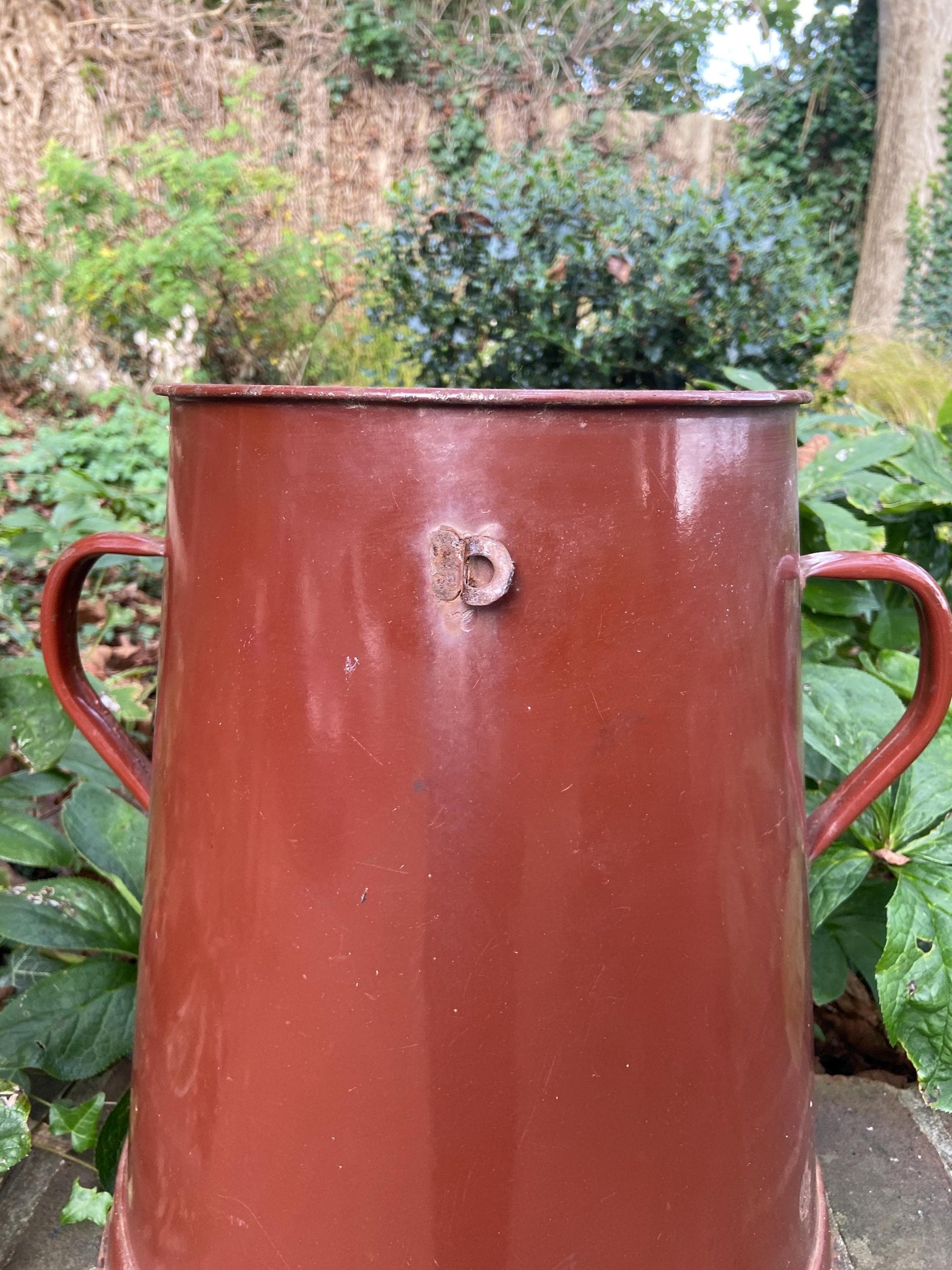Super large metal vase or planter or bucket or storage stand. Original painted metal container from 1900s - possibly a milk container?