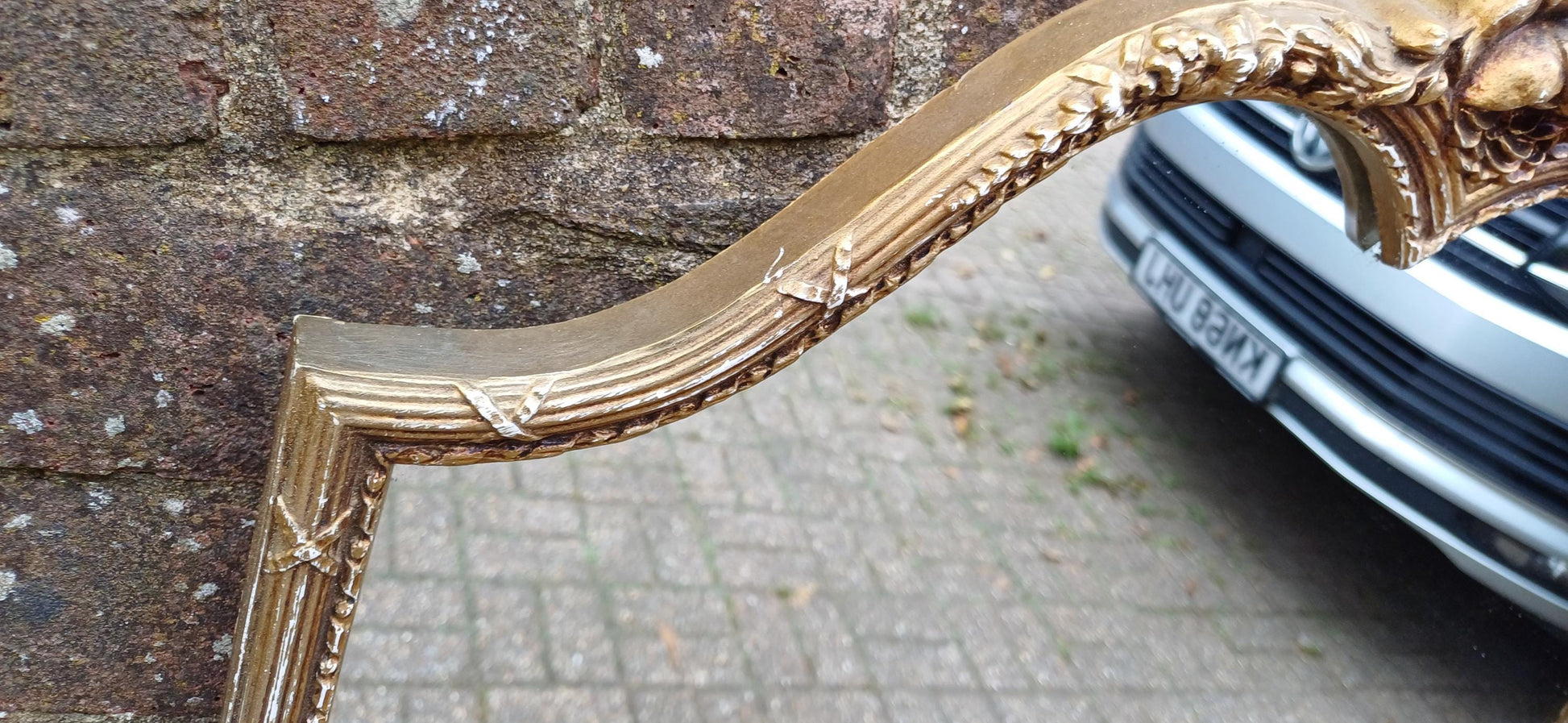 Unique and Charming Detailed Vintage Pre-War Oval Gold and White Highlights Painted Wall Mirror.