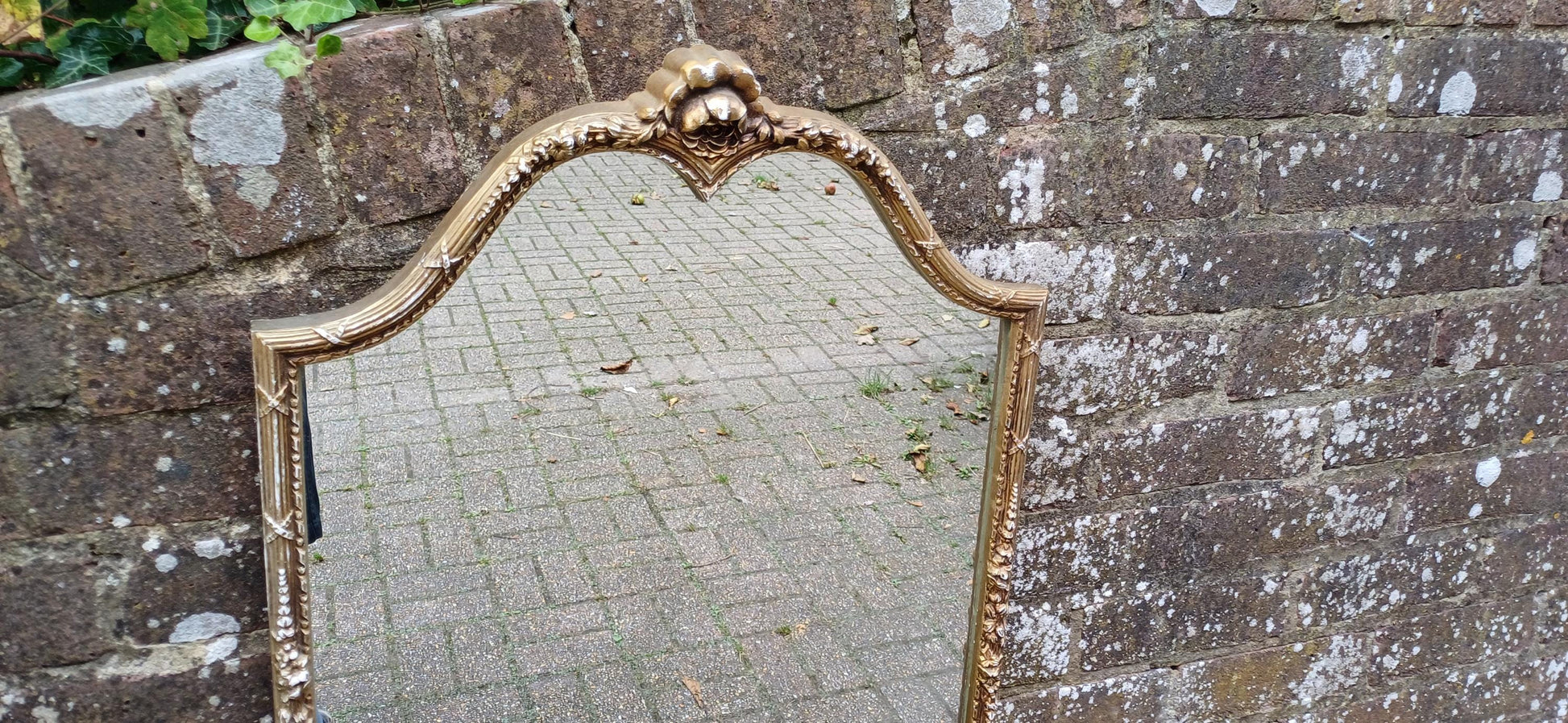 Unique and Charming Detailed Vintage Pre-War Oval Gold and White Highlights Painted Wall Mirror.
