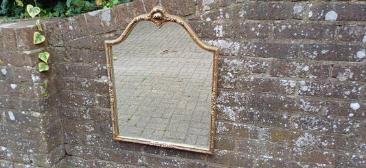Unique and Charming Detailed Vintage Pre-War Oval Gold and White Highlights Painted Wall Mirror.