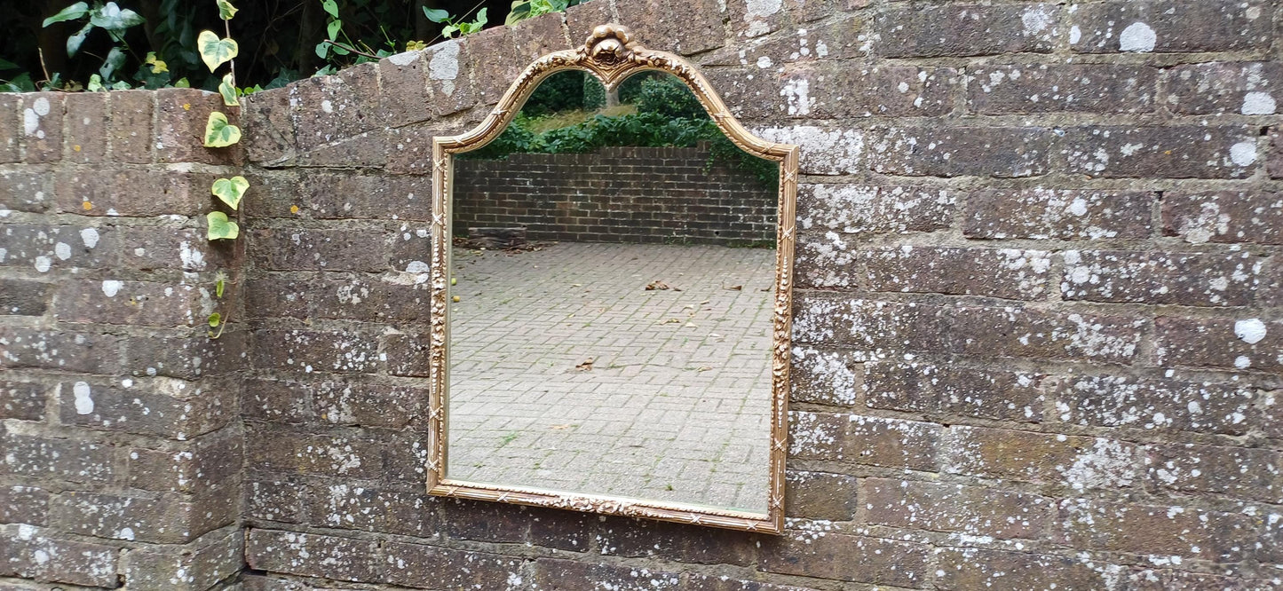 Unique and Charming Detailed Vintage Pre-War Oval Gold and White Highlights Painted Wall Mirror.