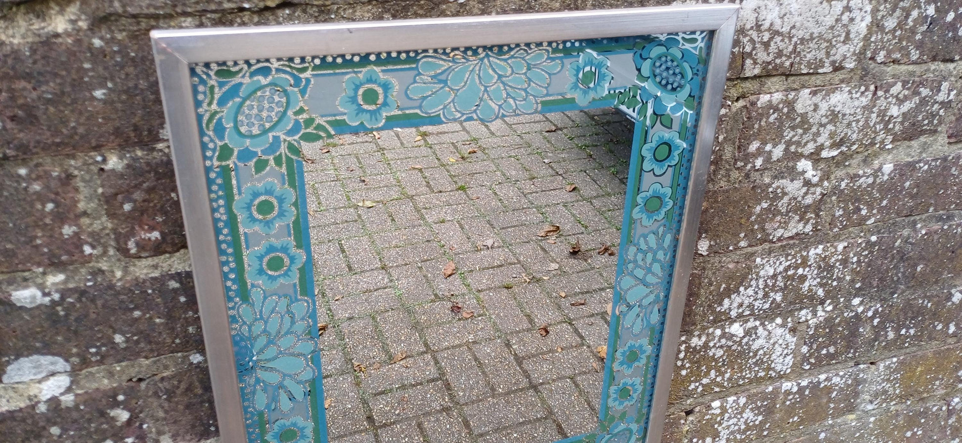 Funky Classic Vintage Retro 70s Wall Mirror ‘Braddell’ Blue Turquoise Flower Decoration.