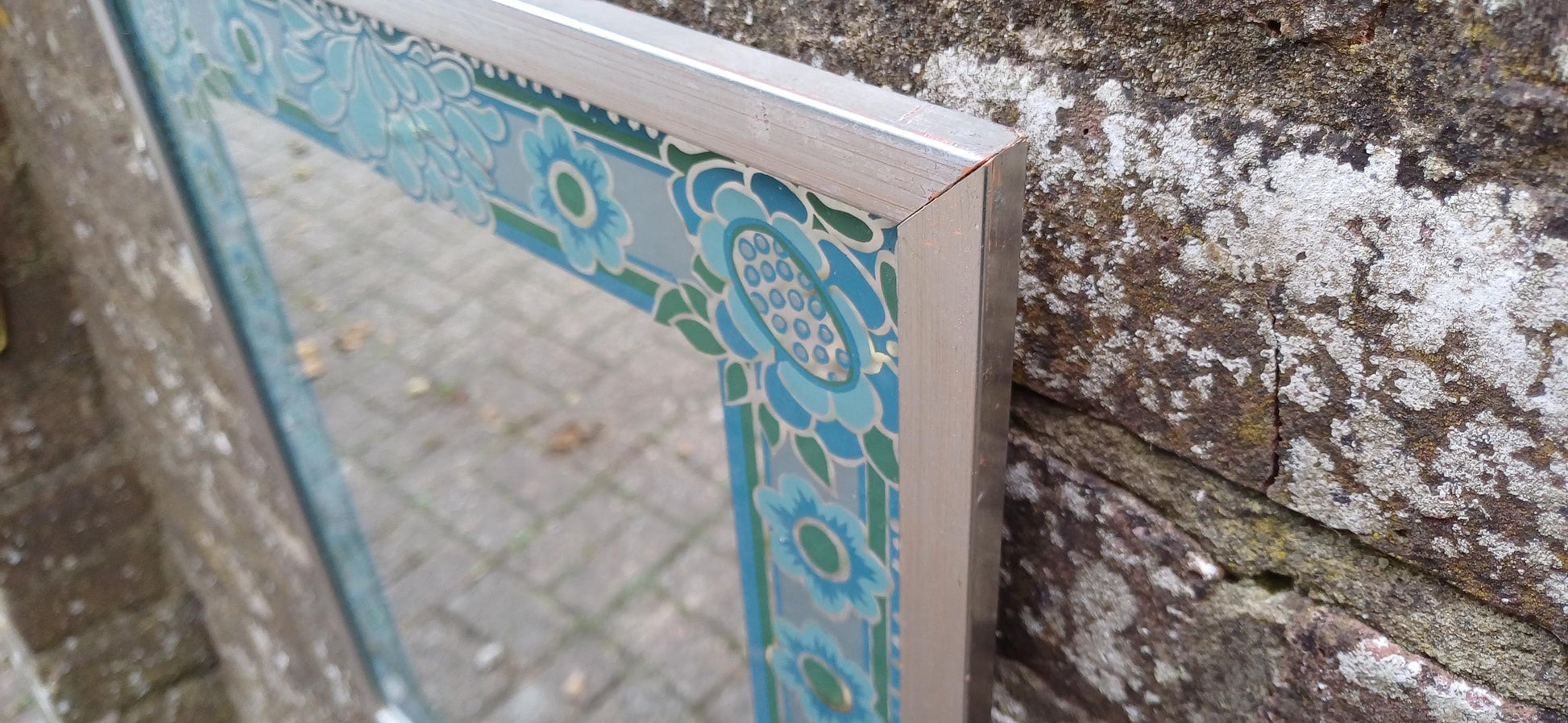 Funky Classic Vintage Retro 70s Wall Mirror ‘Braddell’ Blue Turquoise Flower Decoration.