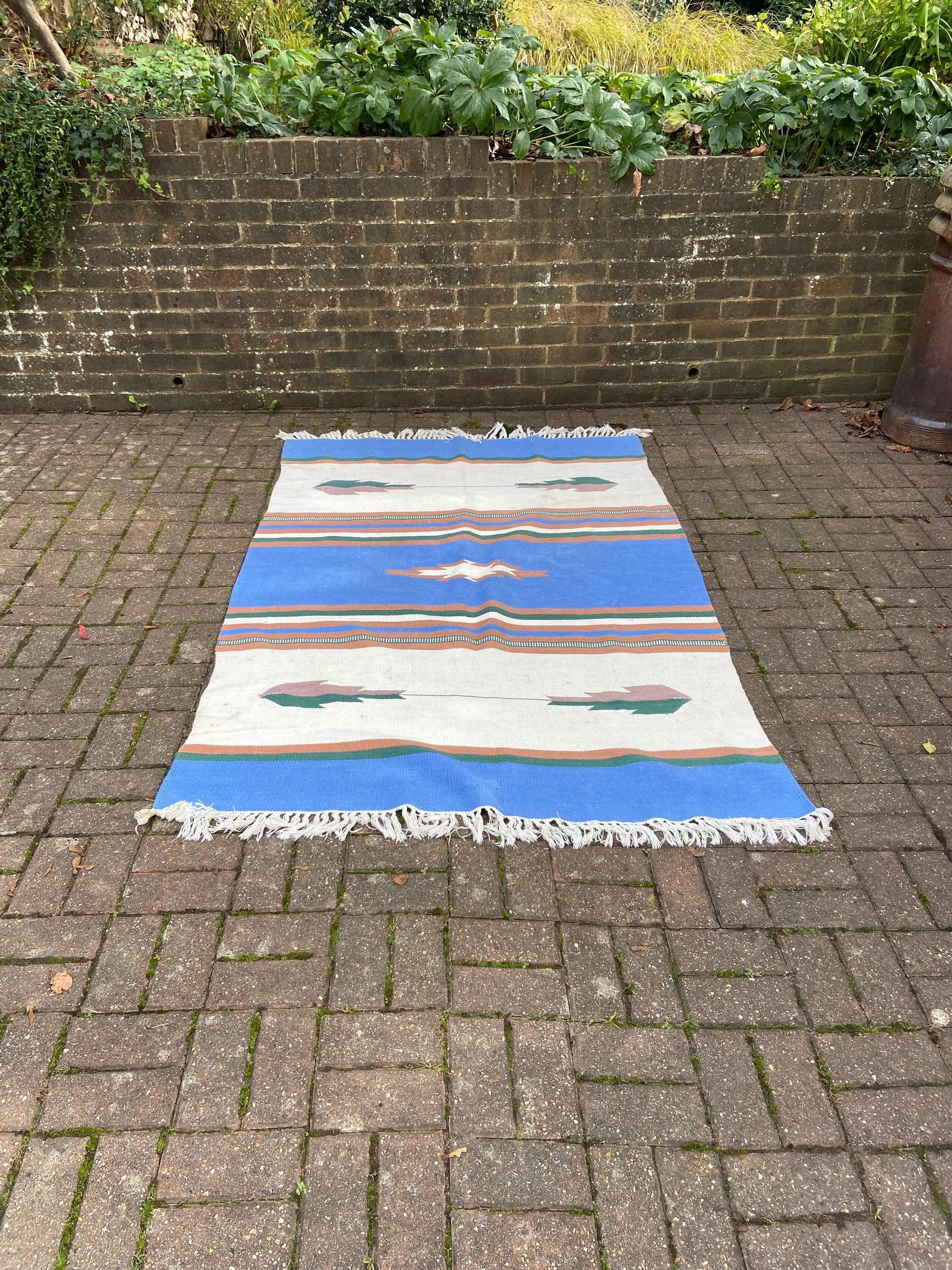 vintage kilim rug in cream, brown, blue,60 inches x 80 inches