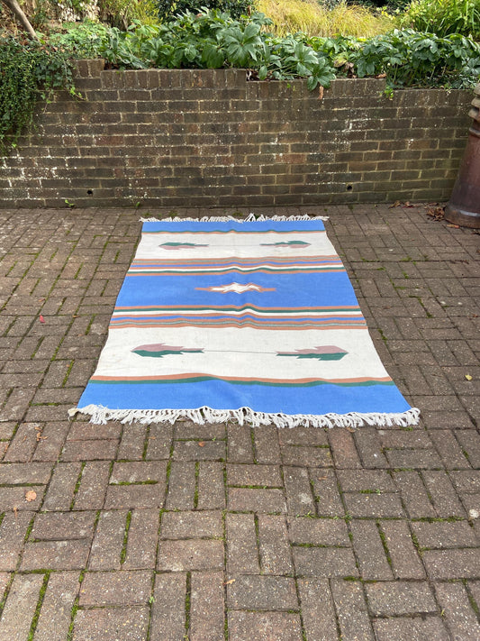 vintage kilim rug in cream, brown, blue,60 inches x 80 inches