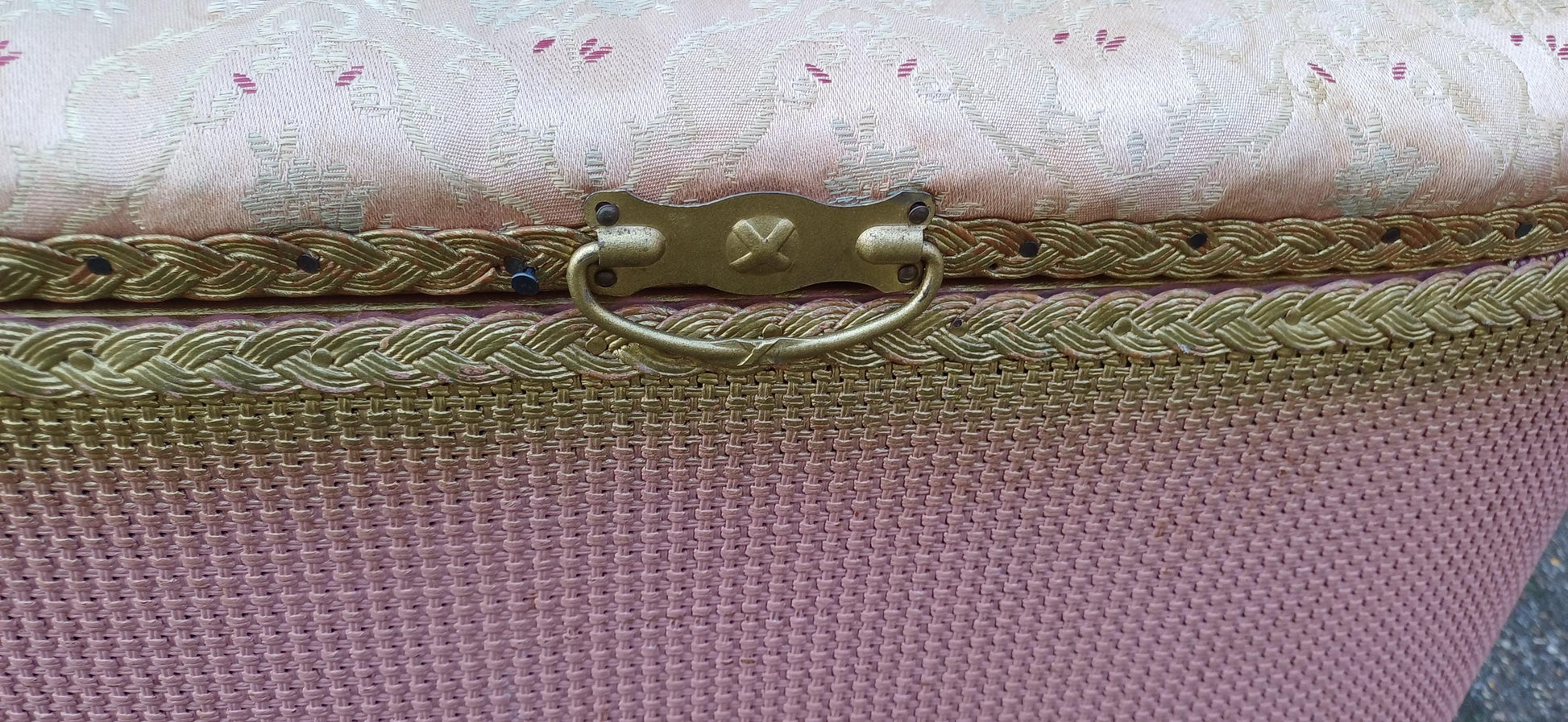 Vintage Retro Pink and Gold Upholstered Retro Ottoman Bedroom Storage Seat Settle