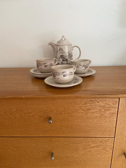 Poole pottery tea or coffee set. 3 cups, 5 saucers, teapot, coffee pot. Beige, white, brown. VGC