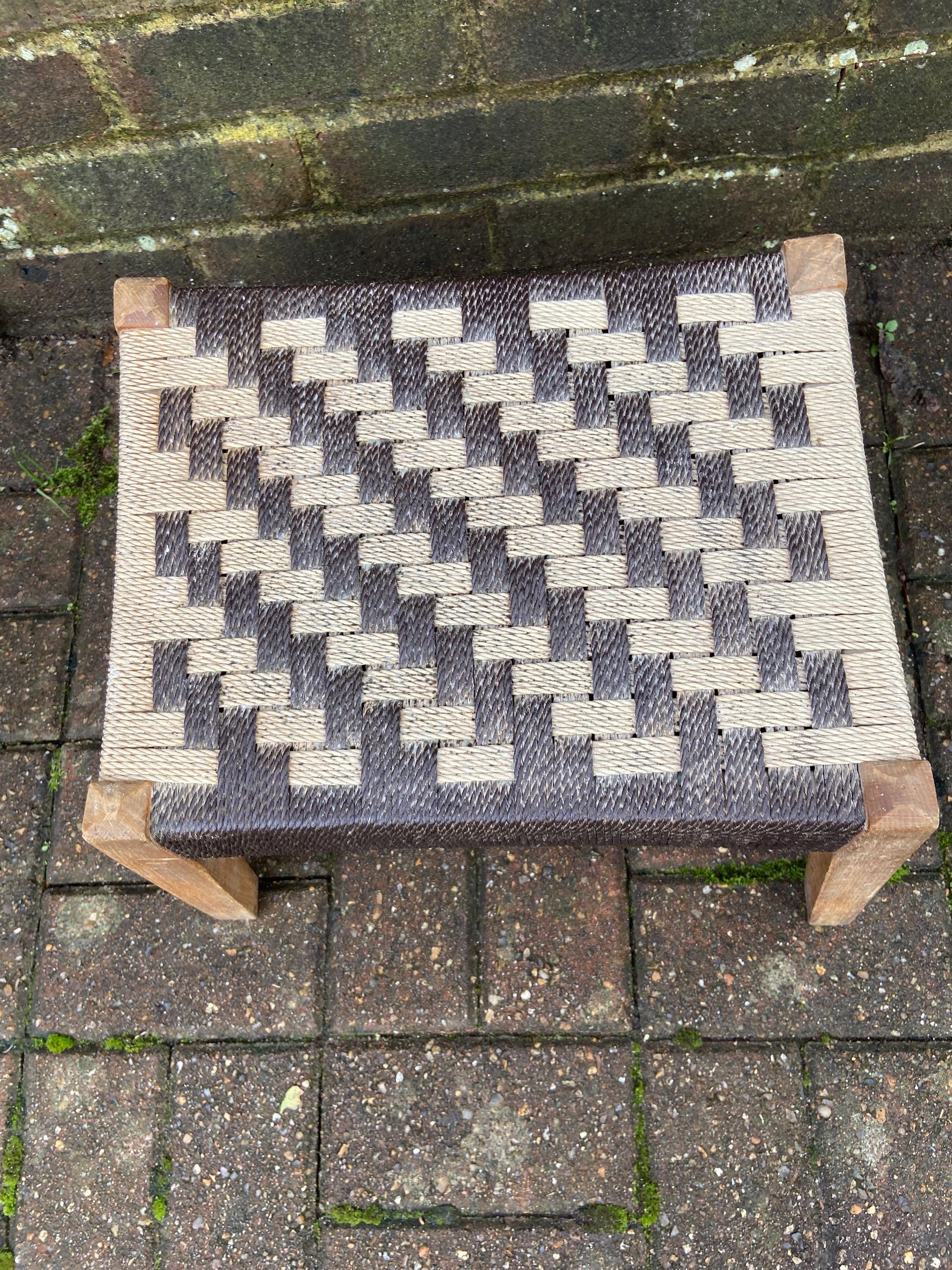 Retro String Woven Stool with rustic coloured string and finish