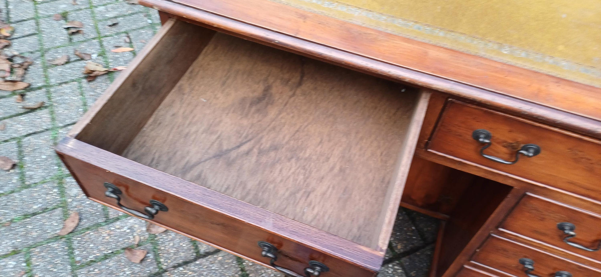 Compact Vintage Classic 70s Yew Wood Knee Hole Desk 8 Drawers Free Hand Delivery.=