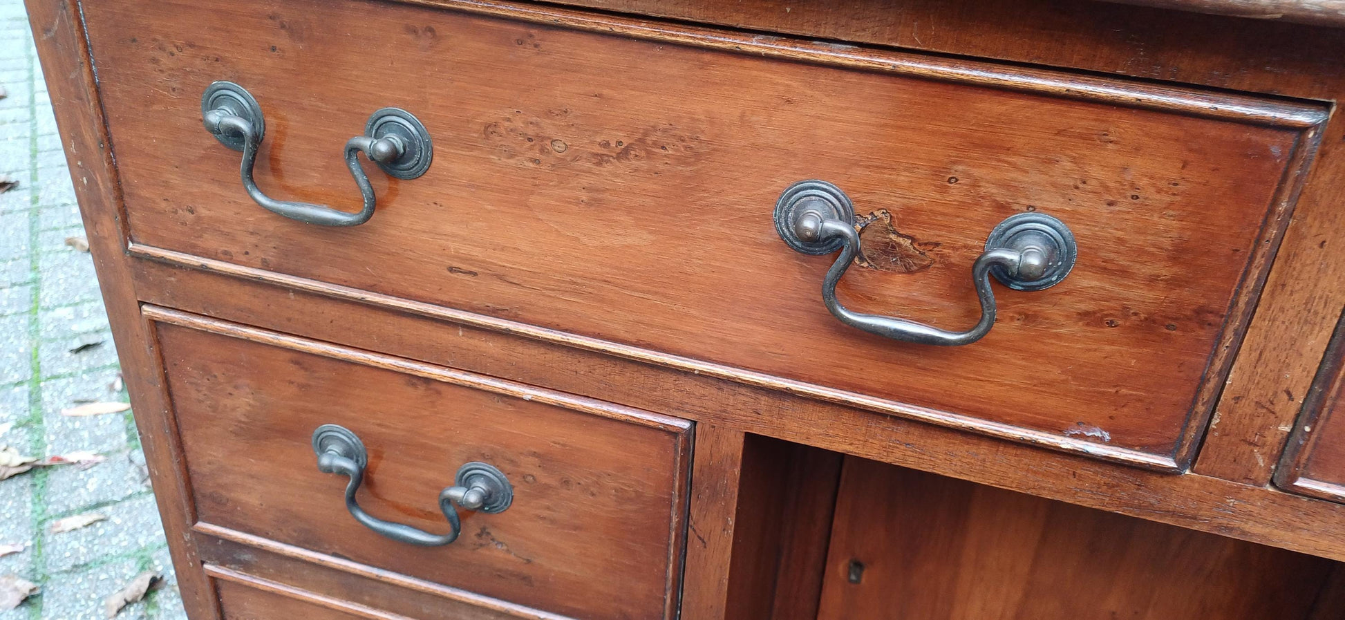 Compact Vintage Classic 70s Yew Wood Knee Hole Desk 8 Drawers Free Hand Delivery.=