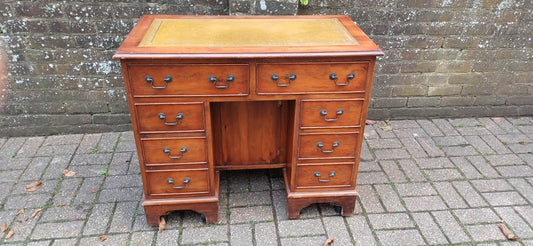 Compact Vintage Classic 70s Yew Wood Knee Hole Desk 8 Drawers Free Hand Delivery.=