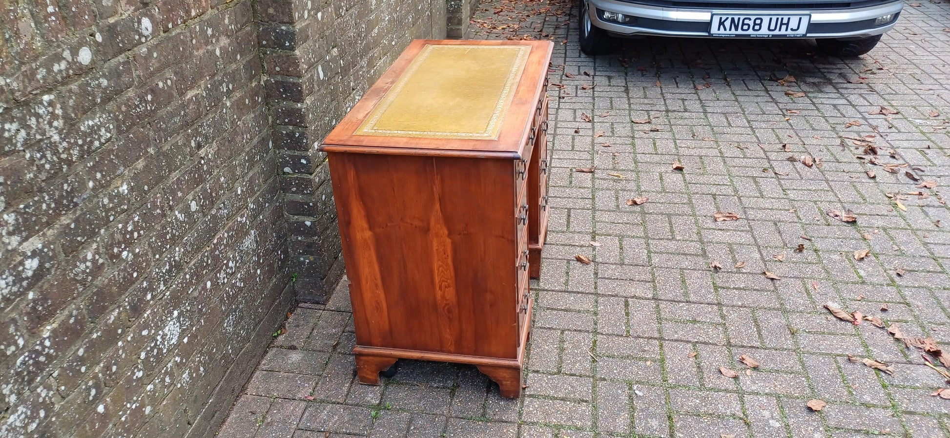 Compact Vintage Classic 70s Yew Wood Knee Hole Desk 8 Drawers Free Hand Delivery.=