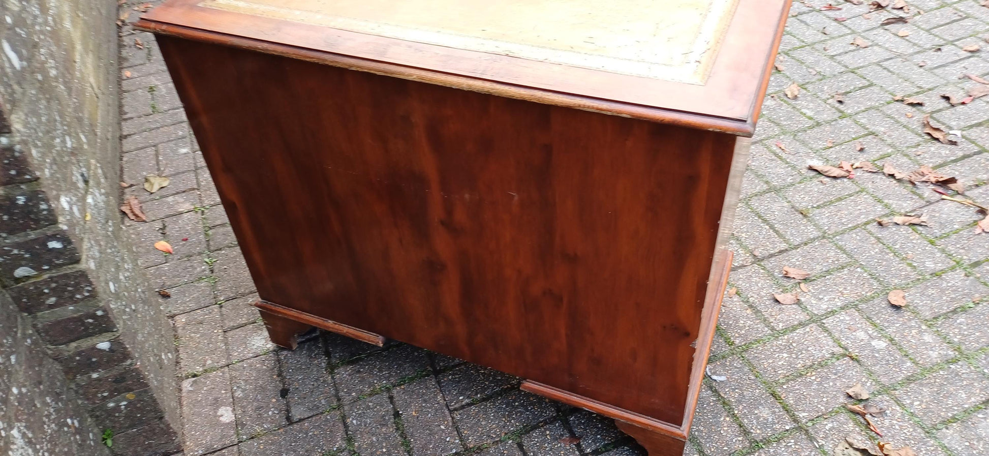 Compact Vintage Classic 70s Yew Wood Knee Hole Desk 8 Drawers Free Hand Delivery.=