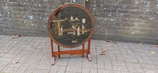 Unusual Early to Mid Vintage Oak Oriental Coffee Table and Folding Fire Screen Hand Created Decoration. Free Hand Delivery.