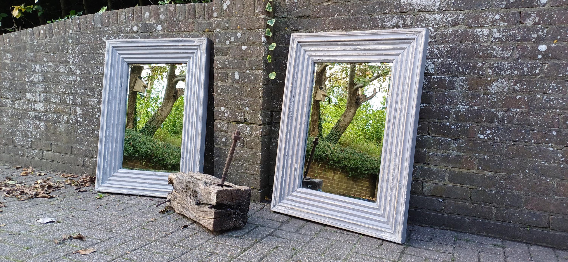 Superb Pair of Very Large Painted Grey Mirrors Bespoke Distressed Contemporary Finish Bevelled Glass. Free Hand Delivery.