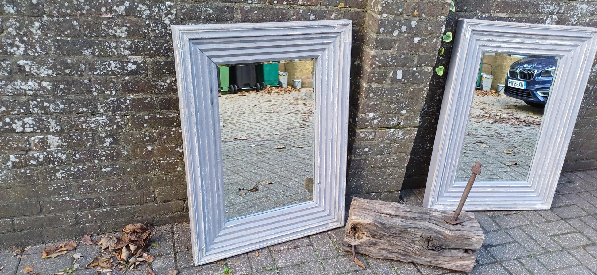 Superb Pair of Very Large Painted Grey Mirrors Bespoke Distressed Contemporary Finish Bevelled Glass. Free Hand Delivery.