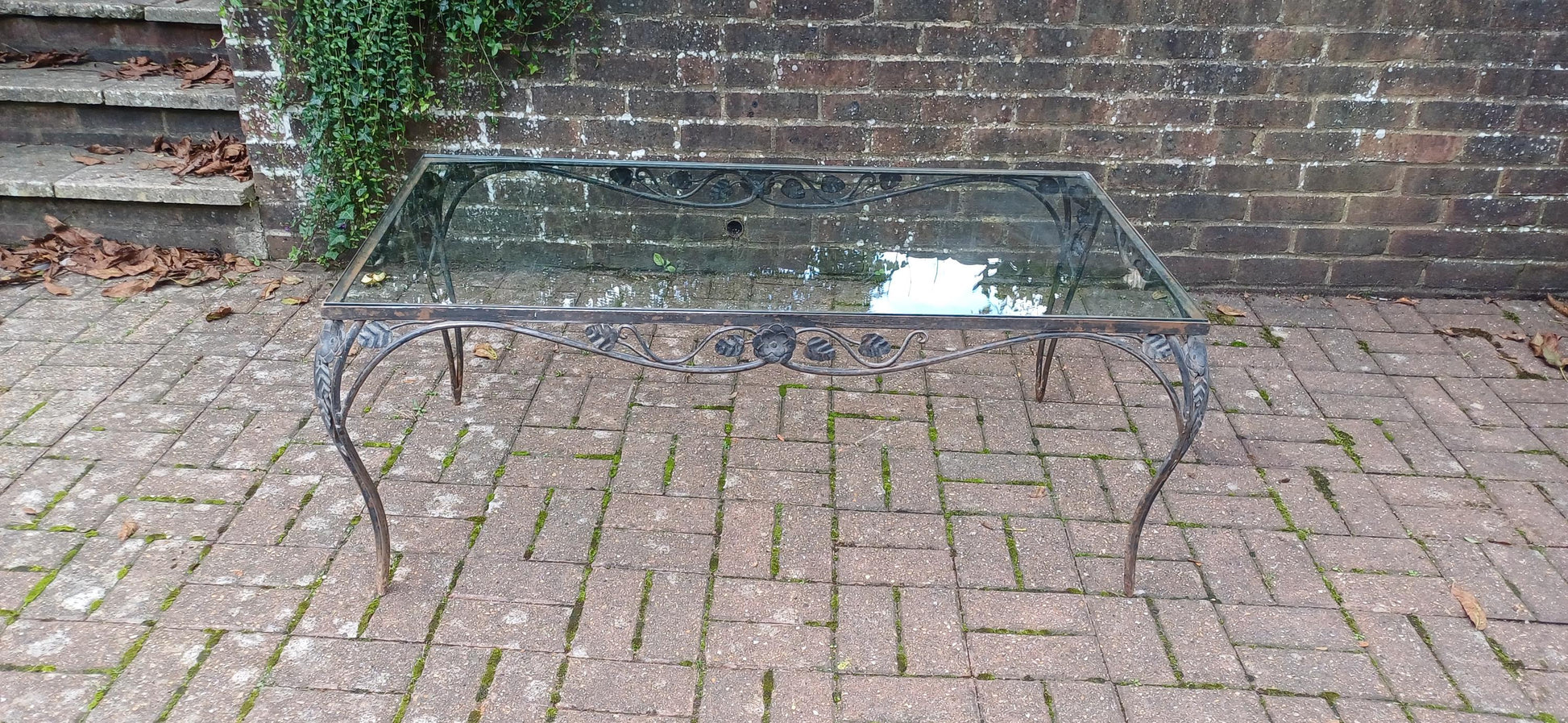 Imposing Upcycled Age Worn Effect Huge Iron and Glass Coffee Table New 1cm Thick Glass Surface. Free Hand Delivery.