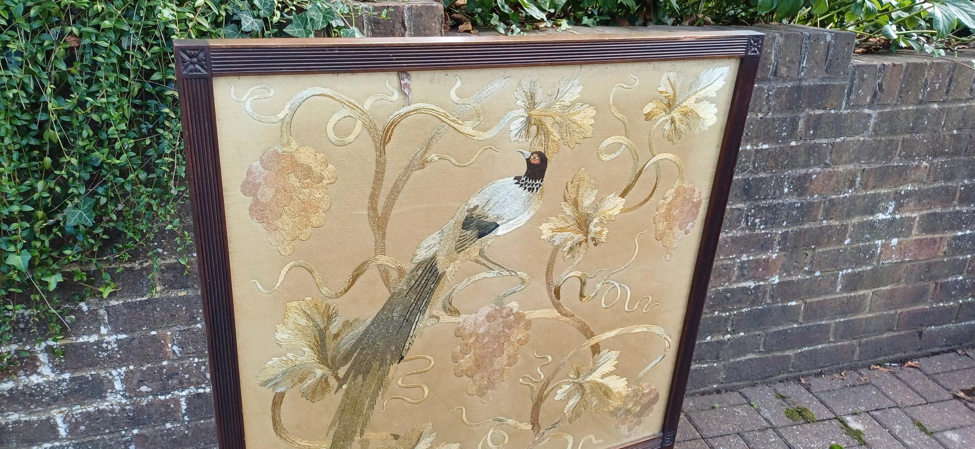 Huge Imposing Victorian Mahogany Fire Screen with Bird of Paradise Embroidery Needlework. Free Hand Delivery.