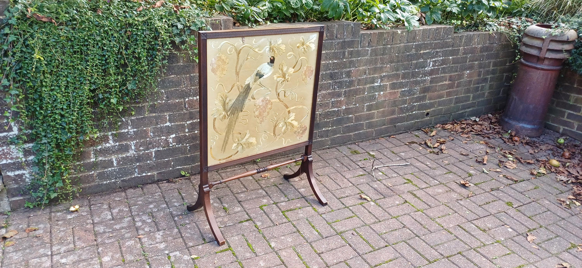 Huge Imposing Victorian Mahogany Fire Screen with Bird of Paradise Embroidery Needlework. Free Hand Delivery.