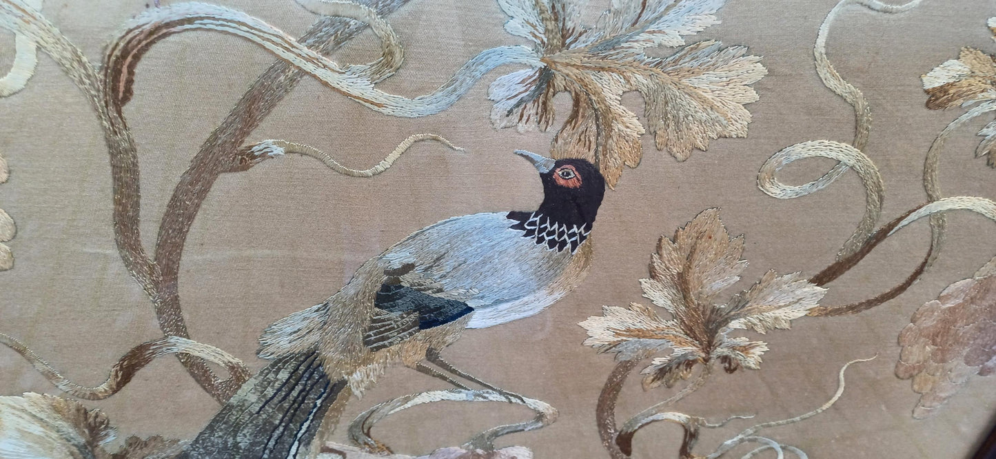 Huge Imposing Victorian Mahogany Fire Screen with Bird of Paradise Embroidery Needlework. Free Hand Delivery.