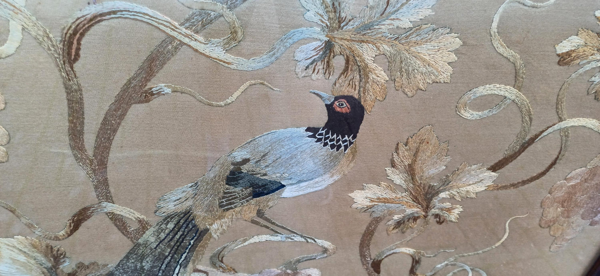 Huge Imposing Victorian Mahogany Fire Screen with Bird of Paradise Embroidery Needlework. Free Hand Delivery.