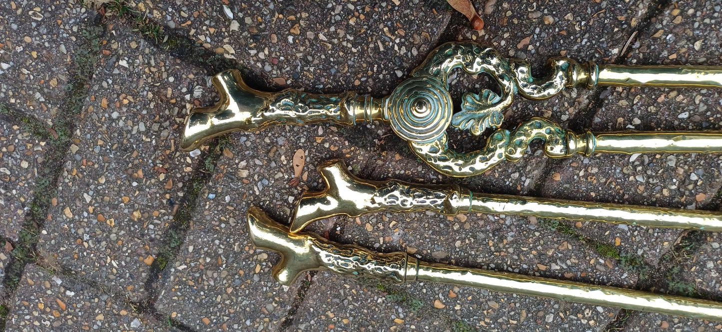 Large Restored Victorian Brass Fire Irons Tools with Unusual Log Branch Motif Decoration Simply Superb Quality Poker Shovel Tongs