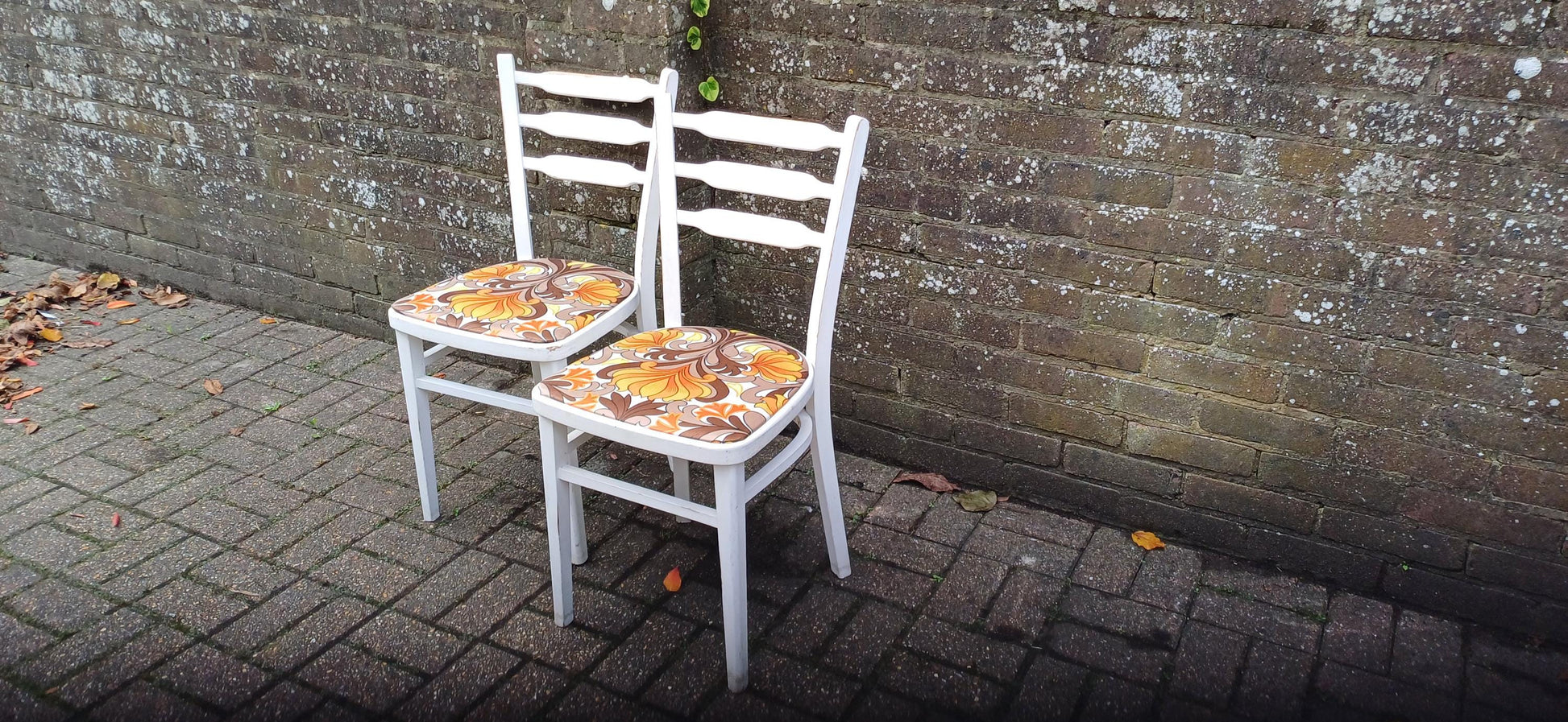 Pair of Vintage Retro 70s Painted Shabby Chic Kitchen Chairs Newly Upholstered.