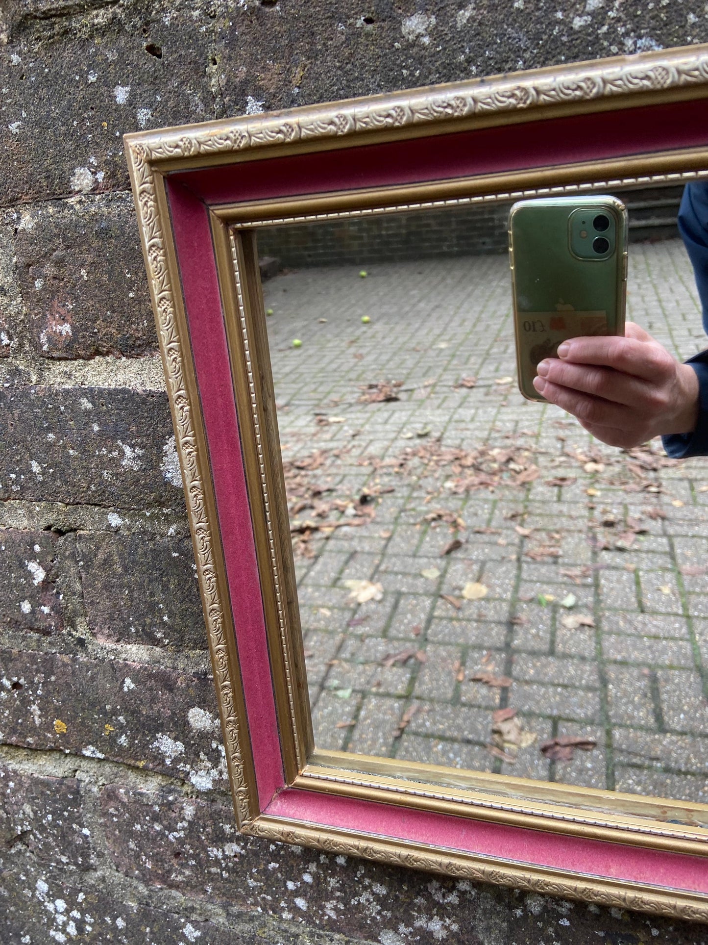 Pretty vintage vanity mirror with pink velvet and gilt finish