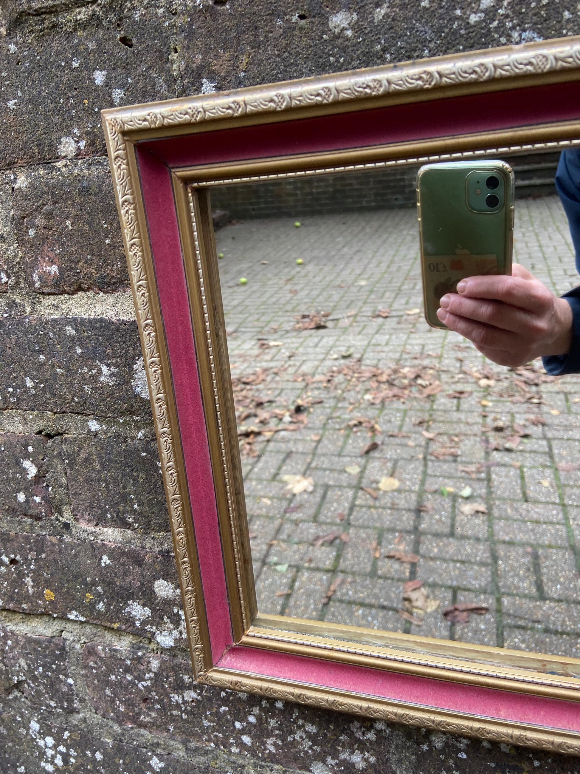 Pretty vintage vanity mirror with pink velvet and gilt finish